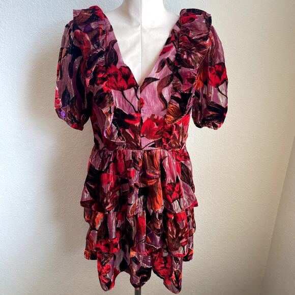 Adelyn Rae Khalia Burnout Red gold Velvet ruffle dress Mini Dress Womens Medium - Picture 3 of 12